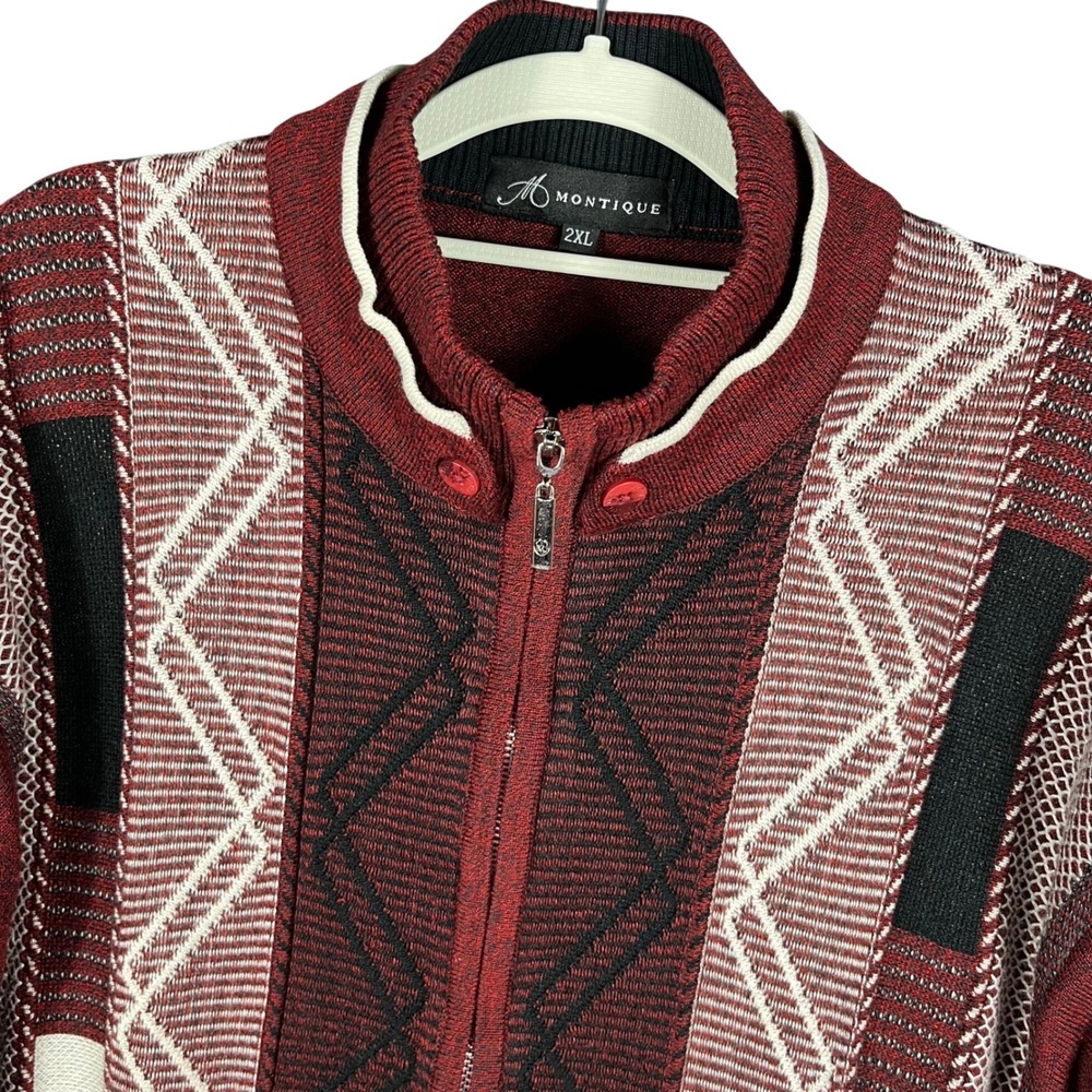 Montique Full‎ Zip Sweater Mens 2XL Burgundy Geometric Intarsia Elbow Patches